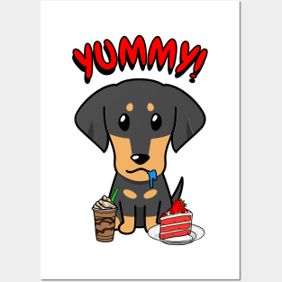 Cute dachshund dog is having coffee and cake Posters and Art